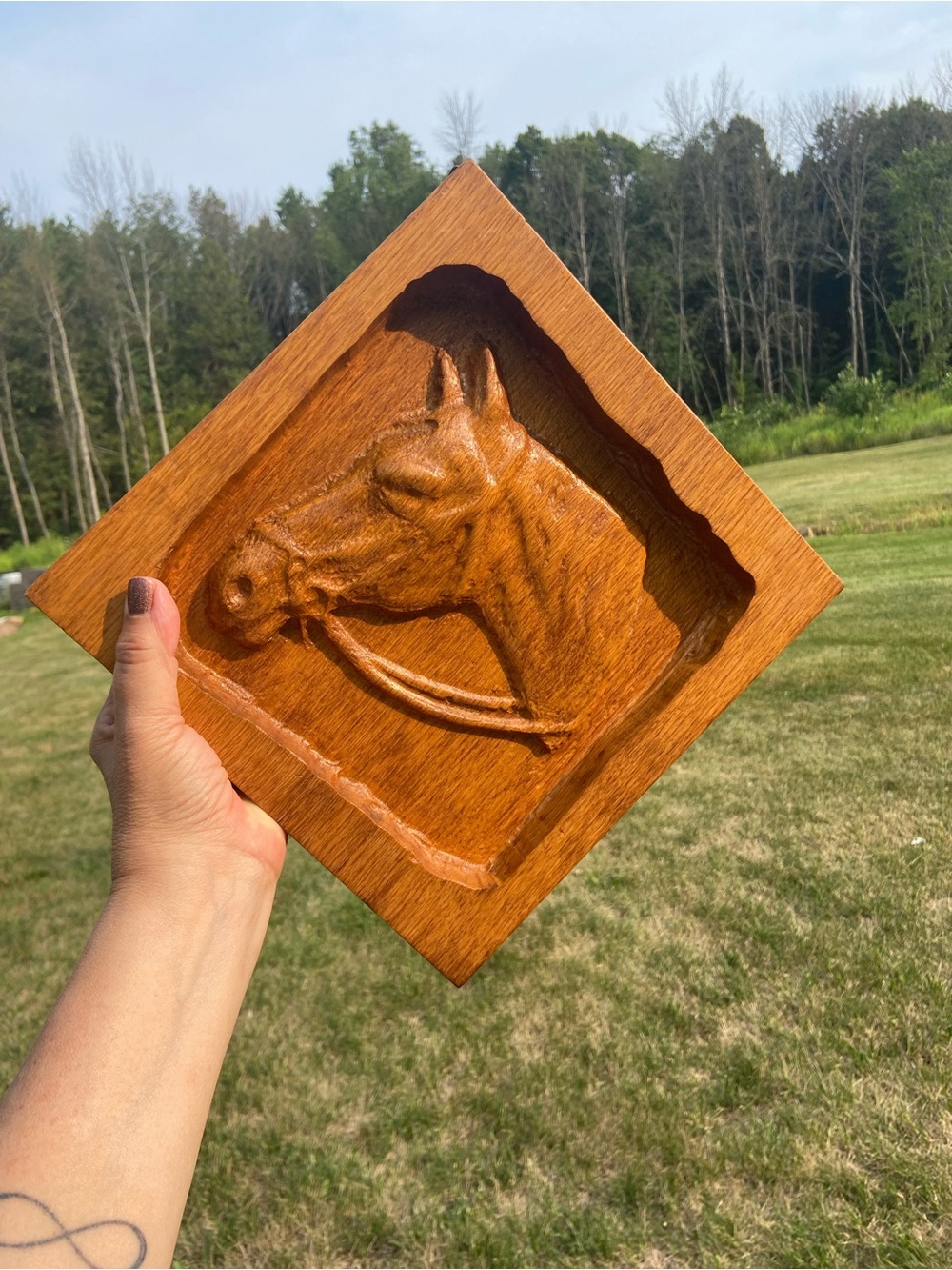 Hand Carved Wood Relief Horse Head Art